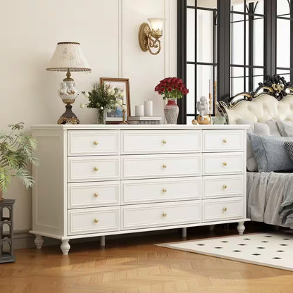 White Wooden 63 In. Width Wooden 12 Drawer Dresser, Storage Cabinet Console with Wooden Legs, European Style