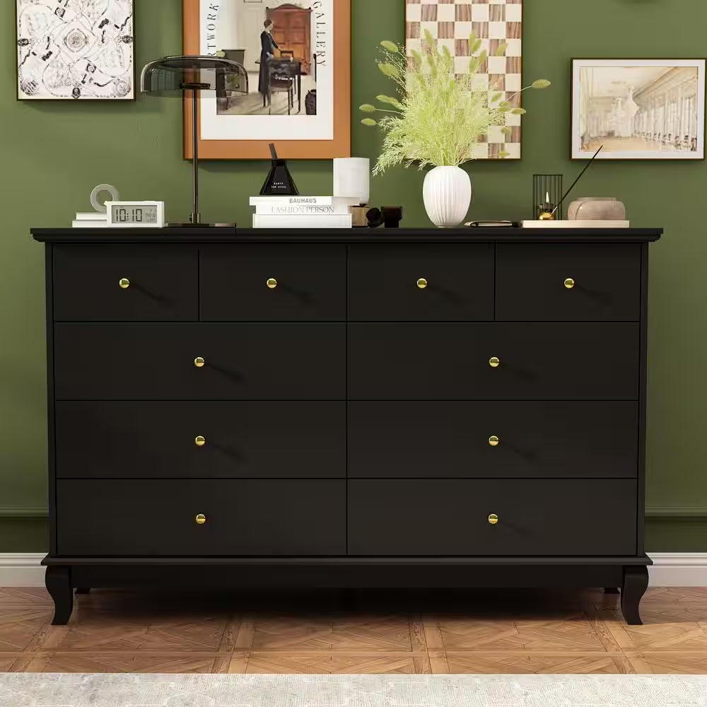 Black Paint 10-Drawer Wood Double 35.4 In. H X 55.1 In. W X 15.7 In. D Dresser Storage Cabinet