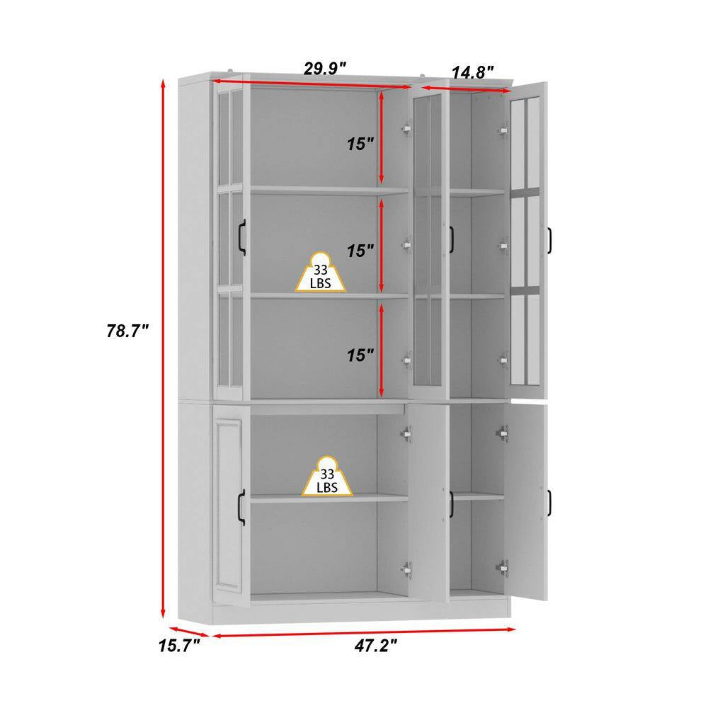 White Wood Storage Cabinet Kitchen Hutch with Glass Doors, Adjustable Shelves ( 47.2 In. W X 15.7 In. D X 78.7 In. H)
