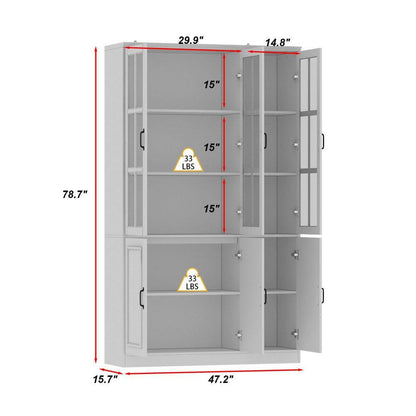 White Wood Storage Cabinet Kitchen Hutch with Glass Doors, Adjustable Shelves ( 47.2 In. W X 15.7 In. D X 78.7 In. H)