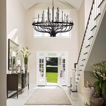 48 Light Large Black Candle Style Wagon Wheel Farmhouse Traditional Chandelier for High Ceilings Foyer Dining Room