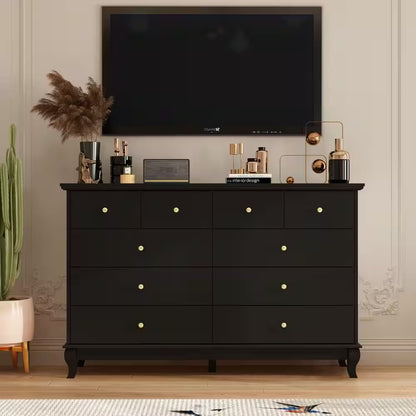 Black Paint 10-Drawer Wood Double 35.4 In. H X 55.1 In. W X 15.7 In. D Dresser Storage Cabinet