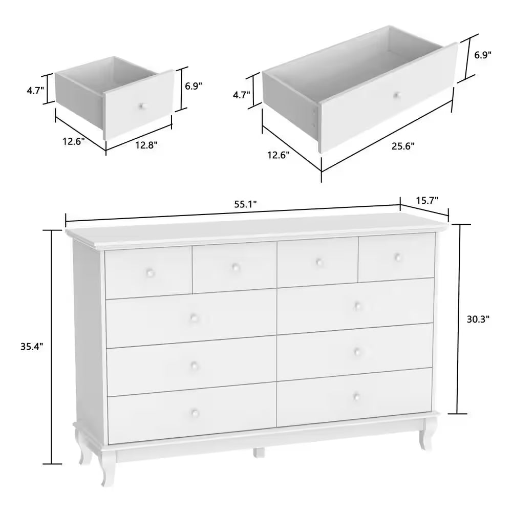 Black Paint 10-Drawer Wood Double 35.4 In. H X 55.1 In. W X 15.7 In. D Dresser Storage Cabinet