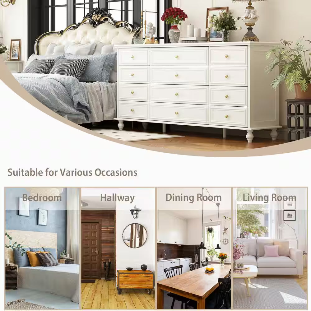 White Wooden 63 In. Width Wooden 12 Drawer Dresser, Storage Cabinet Console with Wooden Legs, European Style
