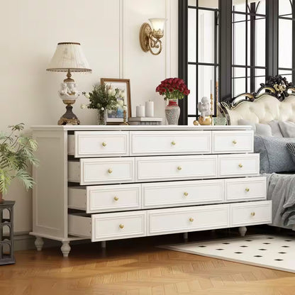 White Wooden 63 In. Width Wooden 12 Drawer Dresser, Storage Cabinet Console with Wooden Legs, European Style