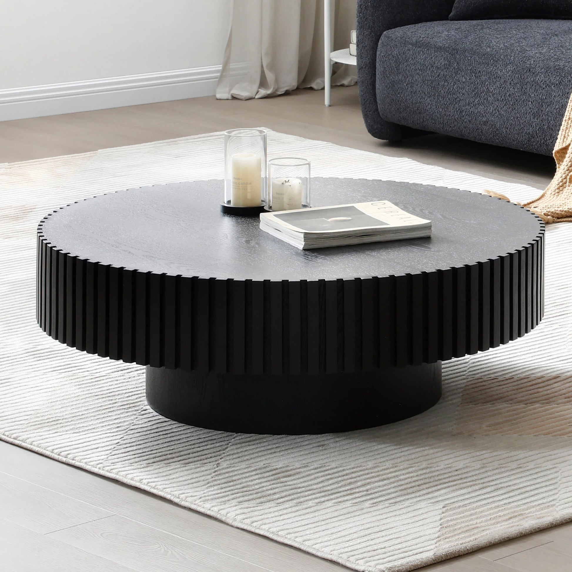 Modern Natural Black round Coffee Table with Sturdy Pedestal No Assembled