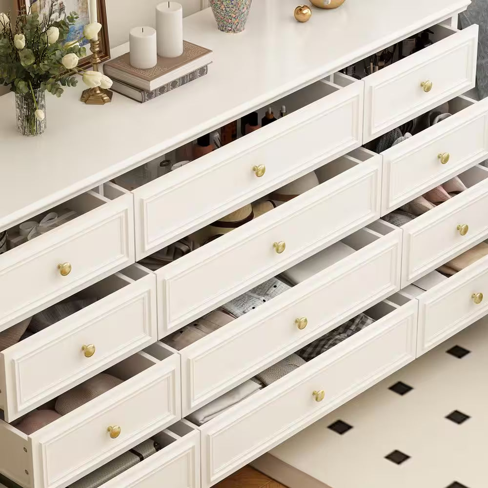 White Wooden 63 In. Width Wooden 12 Drawer Dresser, Storage Cabinet Console with Wooden Legs, European Style