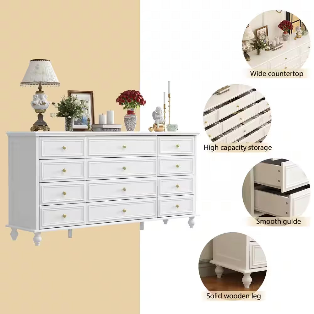 White Wooden 63 In. Width Wooden 12 Drawer Dresser, Storage Cabinet Console with Wooden Legs, European Style