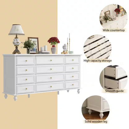 White Wooden 63 In. Width Wooden 12 Drawer Dresser, Storage Cabinet Console with Wooden Legs, European Style