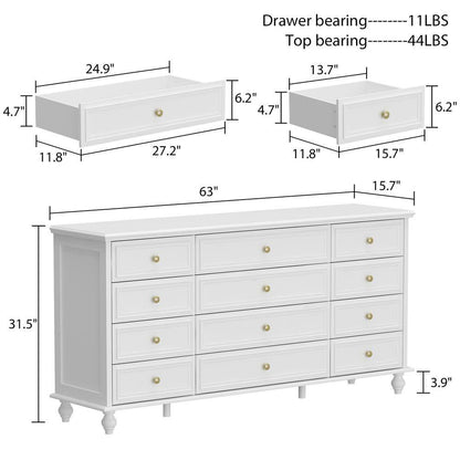 White Wooden 63 In. Width Wooden 12 Drawer Dresser, Storage Cabinet Console with Wooden Legs, European Style