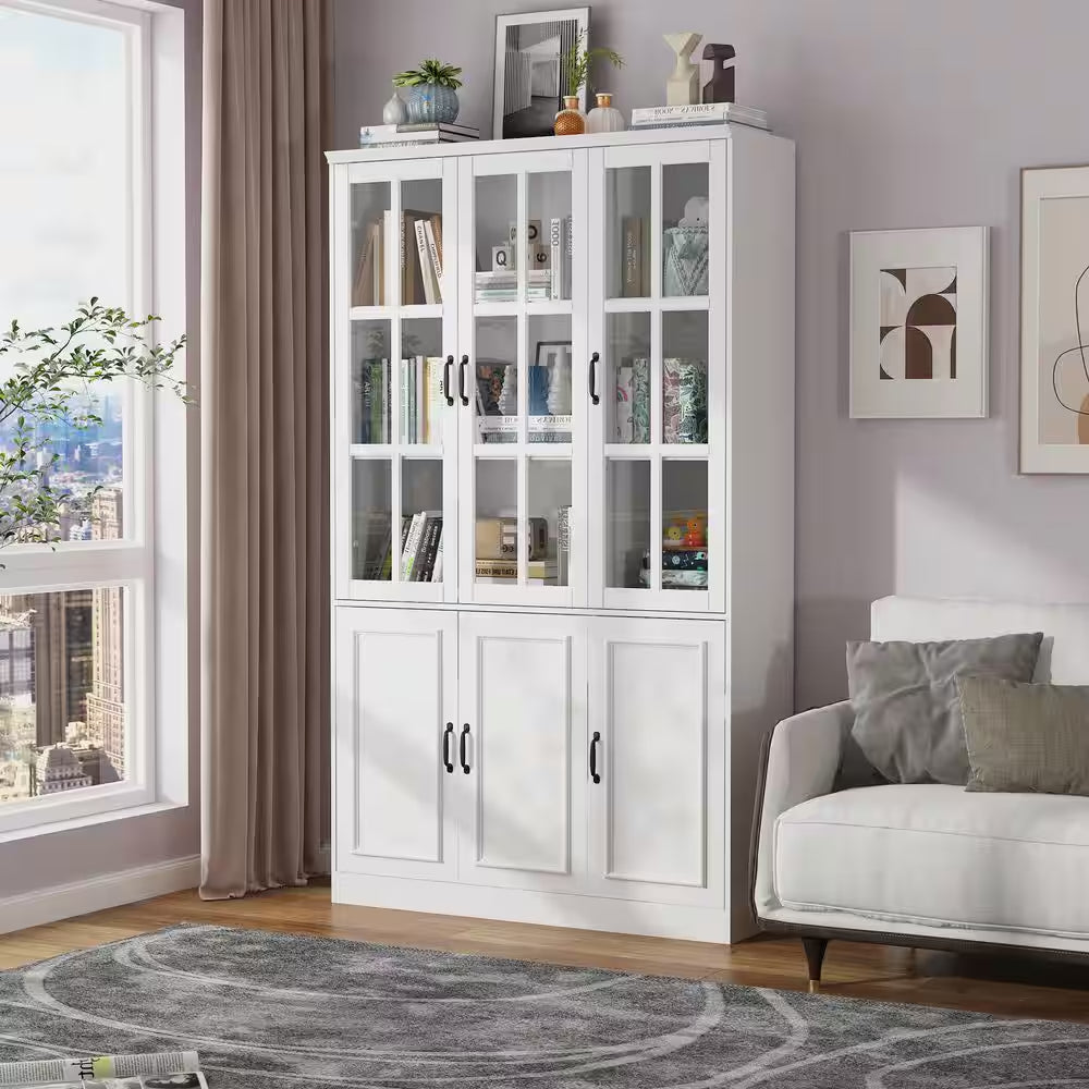 White Wood Storage Cabinet Kitchen Hutch with Glass Doors, Adjustable Shelves ( 47.2 In. W X 15.7 In. D X 78.7 In. H)