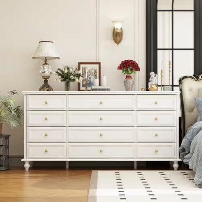 White Wooden 63 In. Width Wooden 12 Drawer Dresser, Storage Cabinet Console with Wooden Legs, European Style