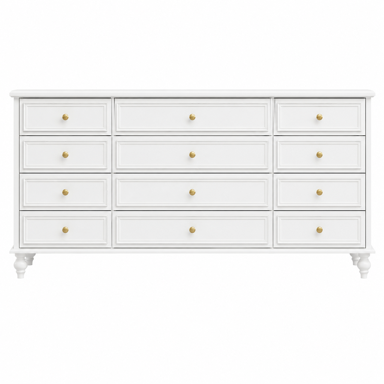 White Wooden 63 In. Width Wooden 12 Drawer Dresser, Storage Cabinet Console with Wooden Legs, European Style