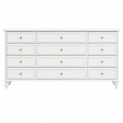 White Wooden 63 In. Width Wooden 12 Drawer Dresser, Storage Cabinet Console with Wooden Legs, European Style