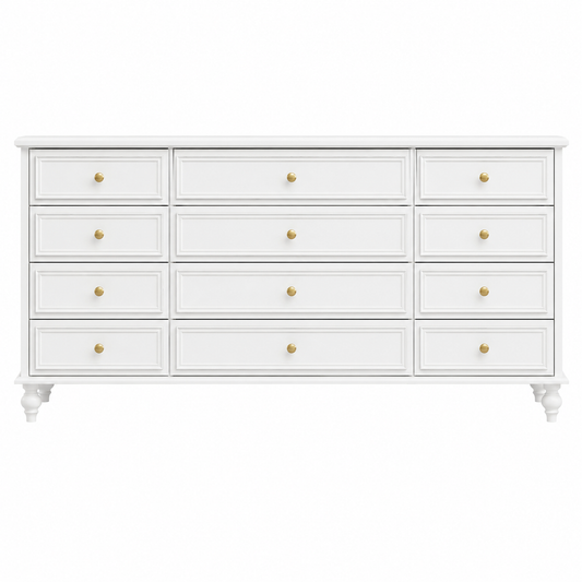 White Wooden 63 In. Width Wooden 12 Drawer Dresser, Storage Cabinet Console with Wooden Legs, European Style