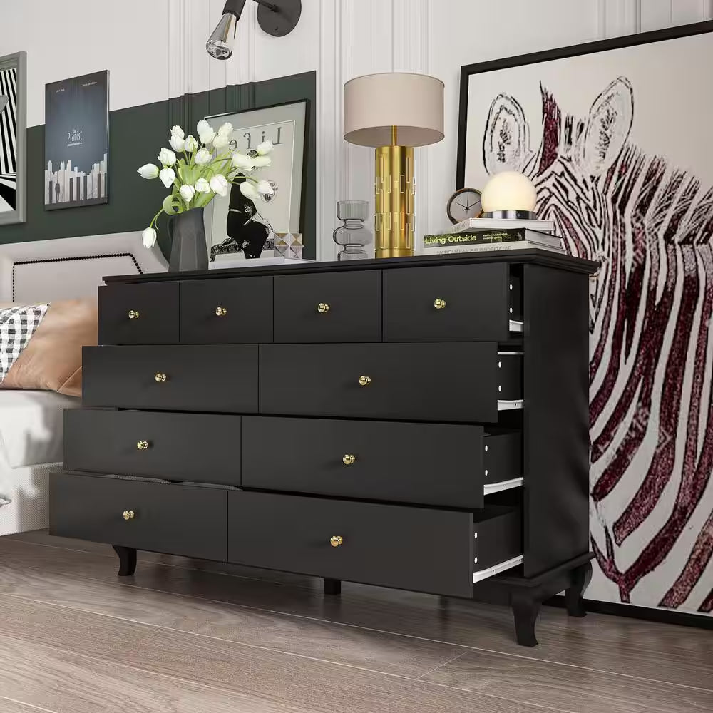 Black Paint 10-Drawer Wood Double 35.4 In. H X 55.1 In. W X 15.7 In. D Dresser Storage Cabinet