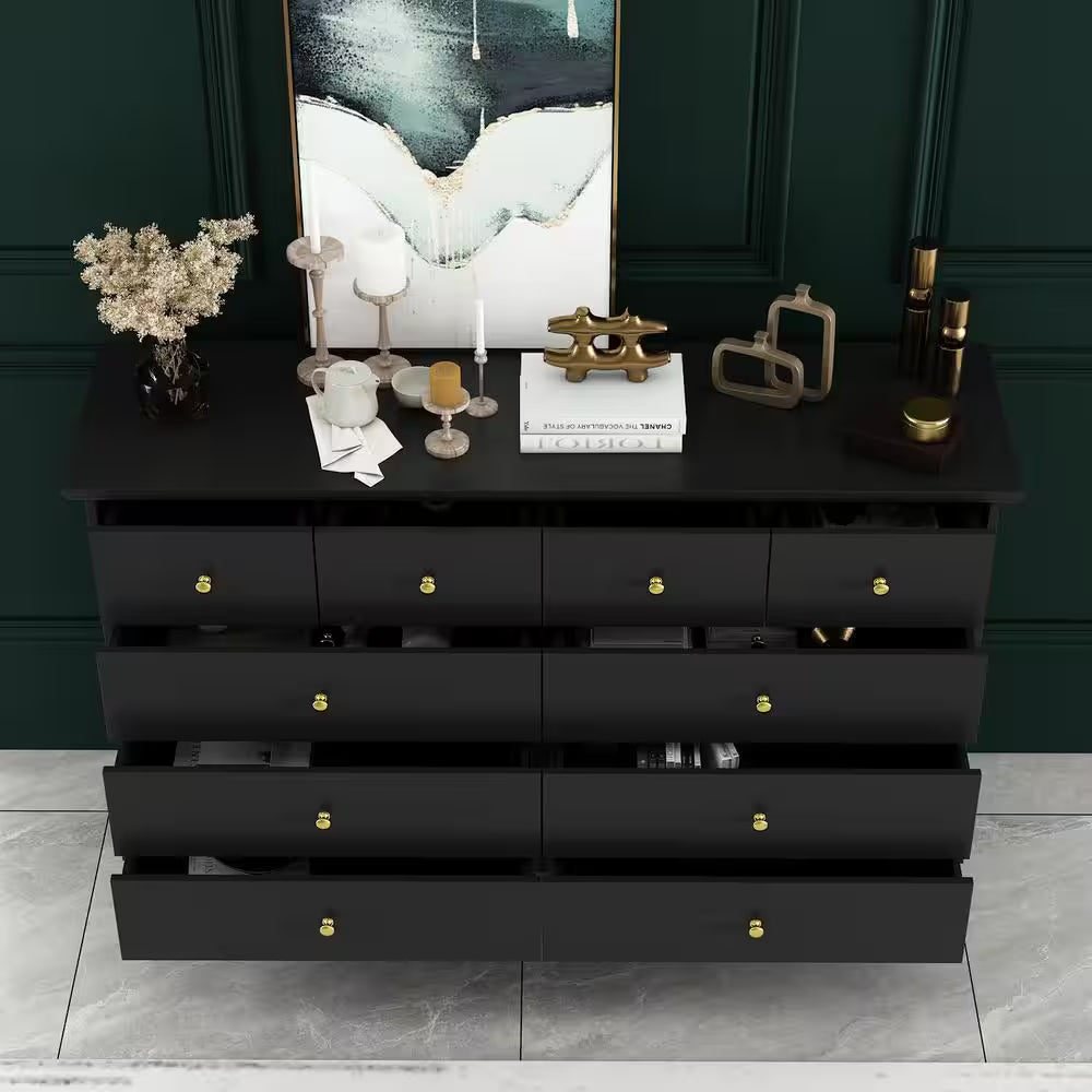 Black Paint 10-Drawer Wood Double 35.4 In. H X 55.1 In. W X 15.7 In. D Dresser Storage Cabinet