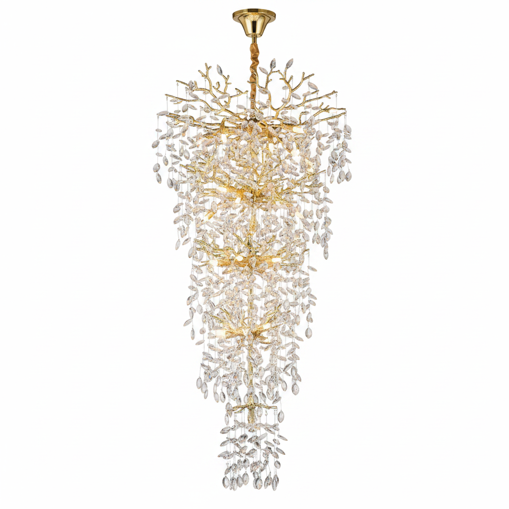 Modern Chandelier 118 In. 28-Light Crystal Gold Chandelier for Foyer, Living Room, Multiple Tiers Chandelier