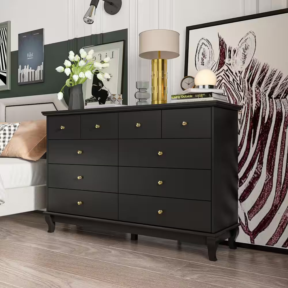 Black Paint 10-Drawer Wood Double 35.4 In. H X 55.1 In. W X 15.7 In. D Dresser Storage Cabinet