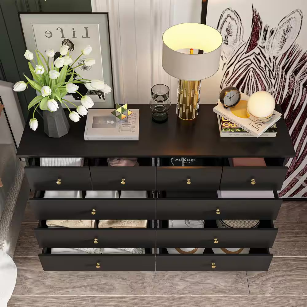 Black Paint 10-Drawer Wood Double 35.4 In. H X 55.1 In. W X 15.7 In. D Dresser Storage Cabinet