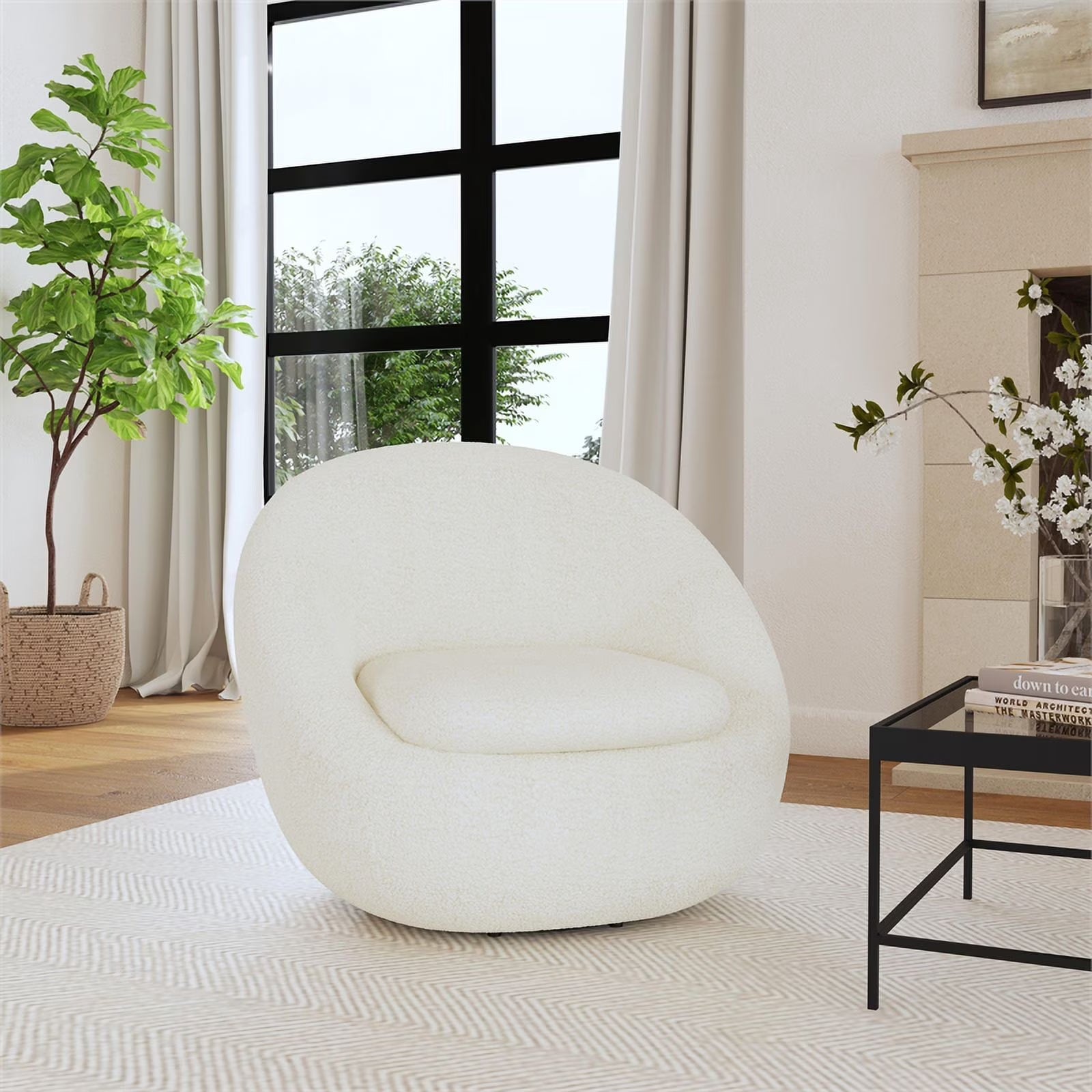 round Swivel Accent Chair, White Sherpa